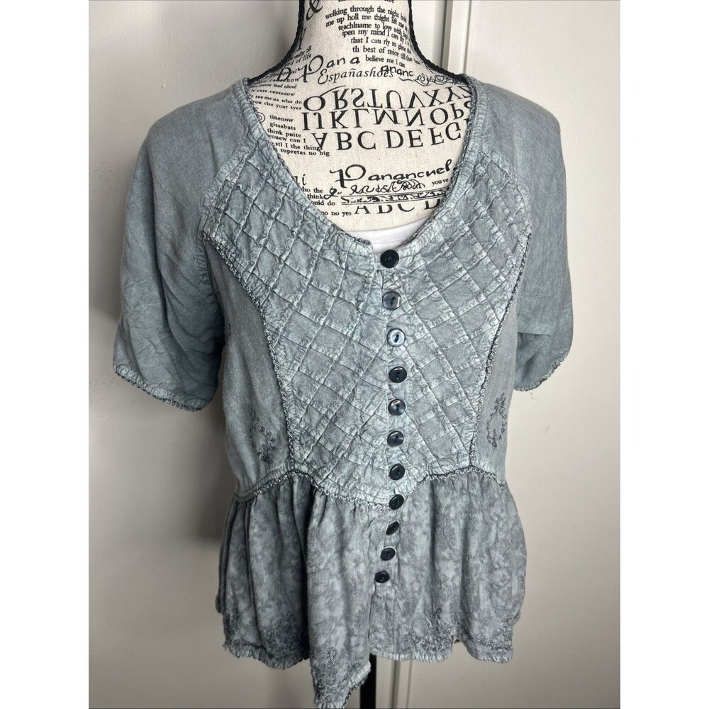 Blue Velvet Acid Wash Peplum Top Women’s Large Cottagecore Boho Babydoll